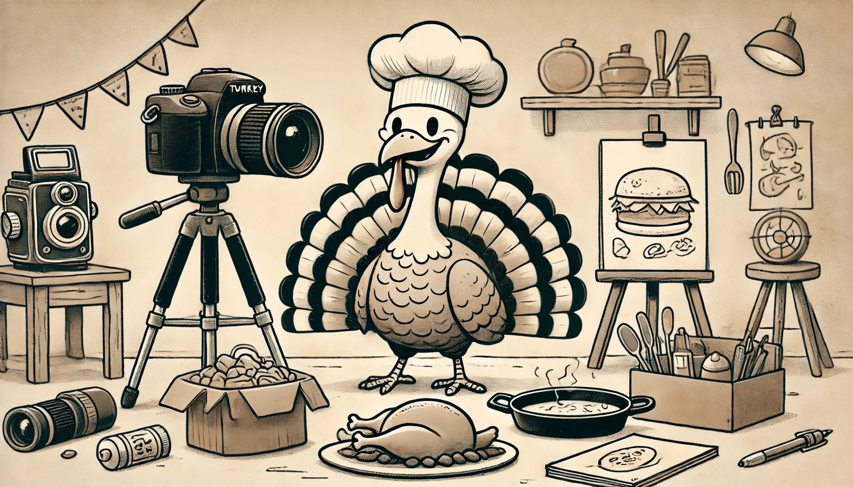 A whimsical Thanksgiving illustration featuring a turkey surrounded by symbols of hobbies and gratitude.