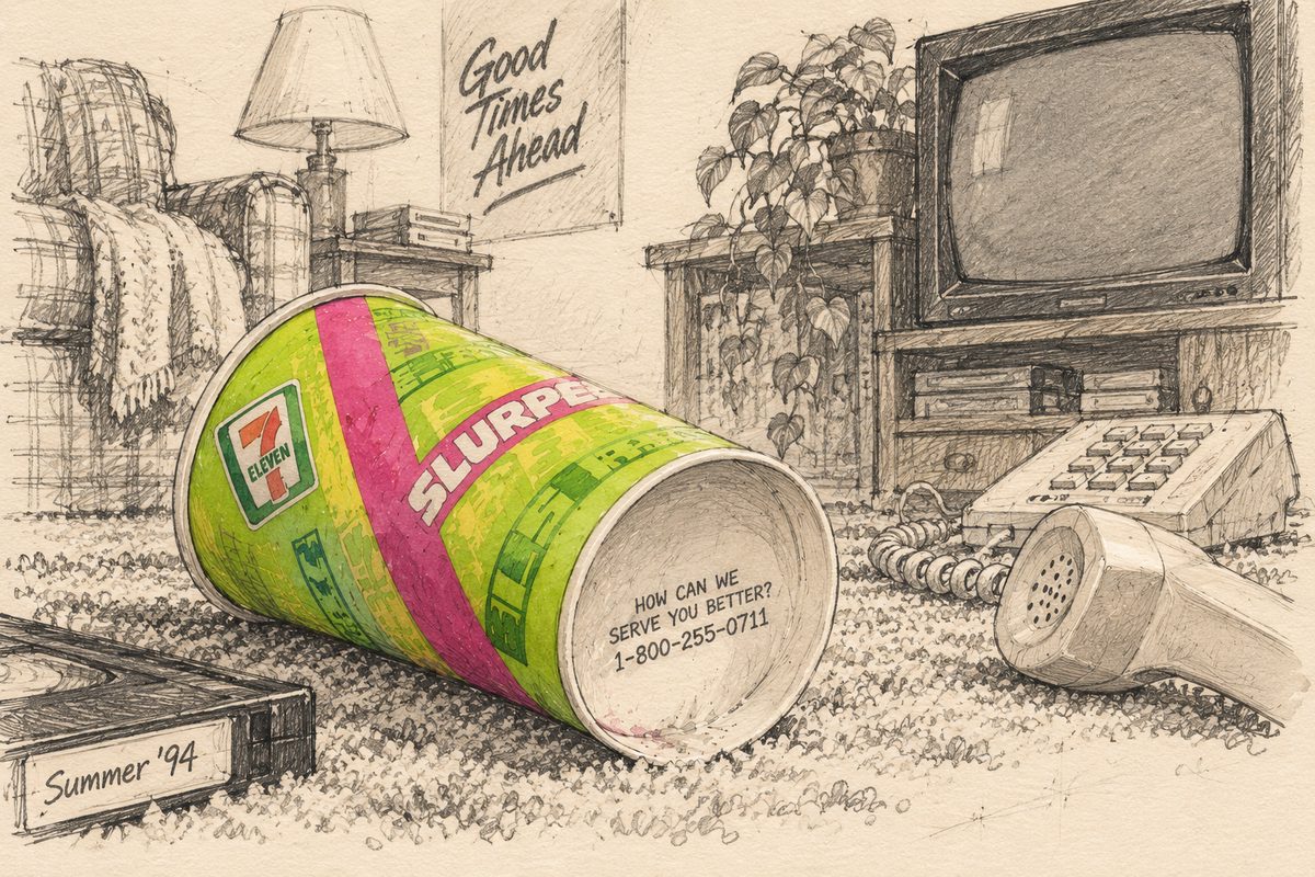 A pencil sketch of a 1990s living room. In front, in the only color, an empty lime-green and pink 7-Eleven Slurpee cup lies on its side on the carpet, its bottom printed with "How can we serve you better? 1-800-255-0711". Beside it are a corded phone with the handset off the hook and a VHS tape labeled "Summer '94"; behind are a tube TV, a houseplant and a sign reading "Good Times Ahead".