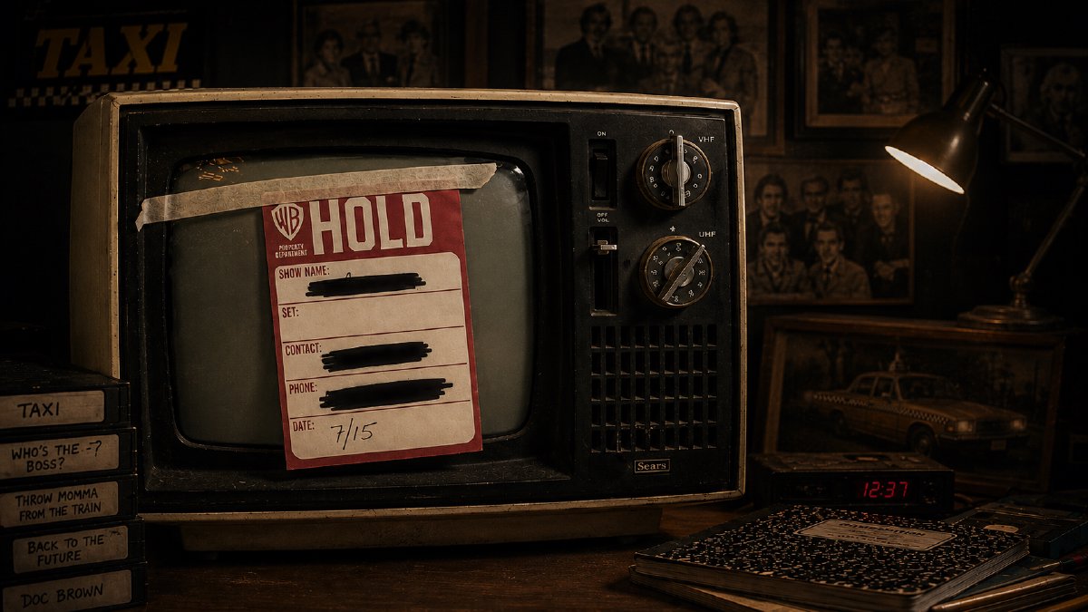 A moody vintage desk scene with a small black-and-white Sears television, VHS tapes labeled with old TV and movie references, a desk lamp, and Taxi memorabilia.