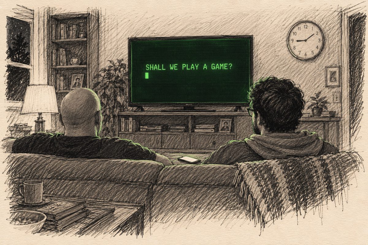 A pencil sketch, in graphite except for the green of the screen, of a living room at night, seen from behind a couch. A father and his grown son sit watching a flat-screen TV that glows green with the words "SHALL WE PLAY A GAME?" and a blinking cursor. A smartphone lies between them, and a wall clock reads a little after nine.
